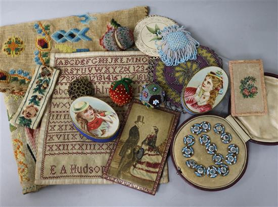 An early 19th century sampler dated 1822 , steel purse, various needle work items and a cased set of enamelled studs etc